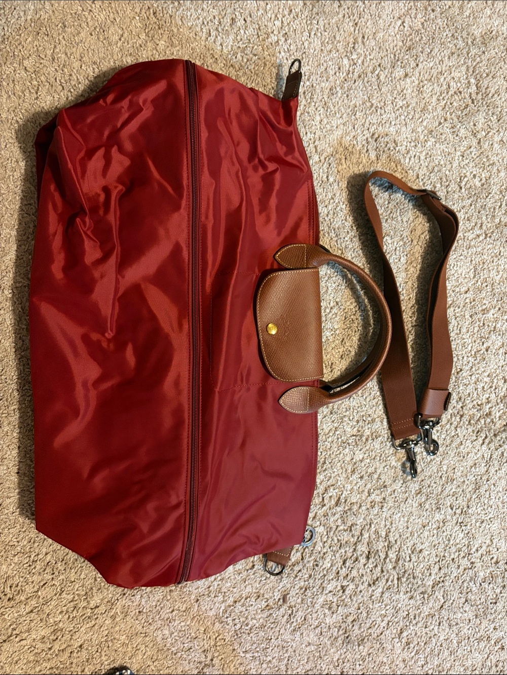 Longchamp Bag in Red with Brown Accents